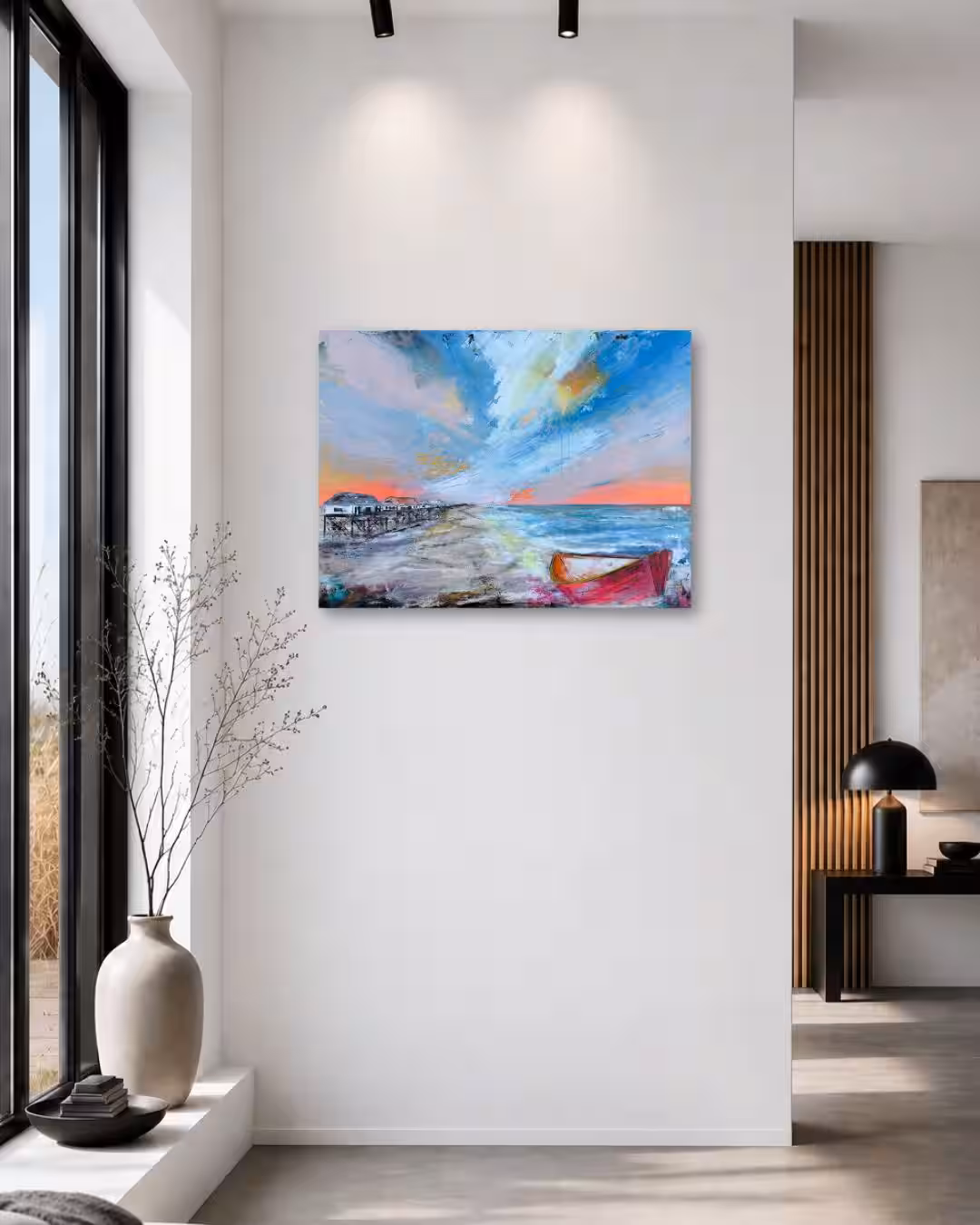 Drift & Direction – Beneath the Same Sky I | Modernes Wohnzimmer Mockup Drift & Direction – Beneath the Same Sky I von Nina Groth als maritime Landschaftsmalerei in einem modernen Wohnzimmer.