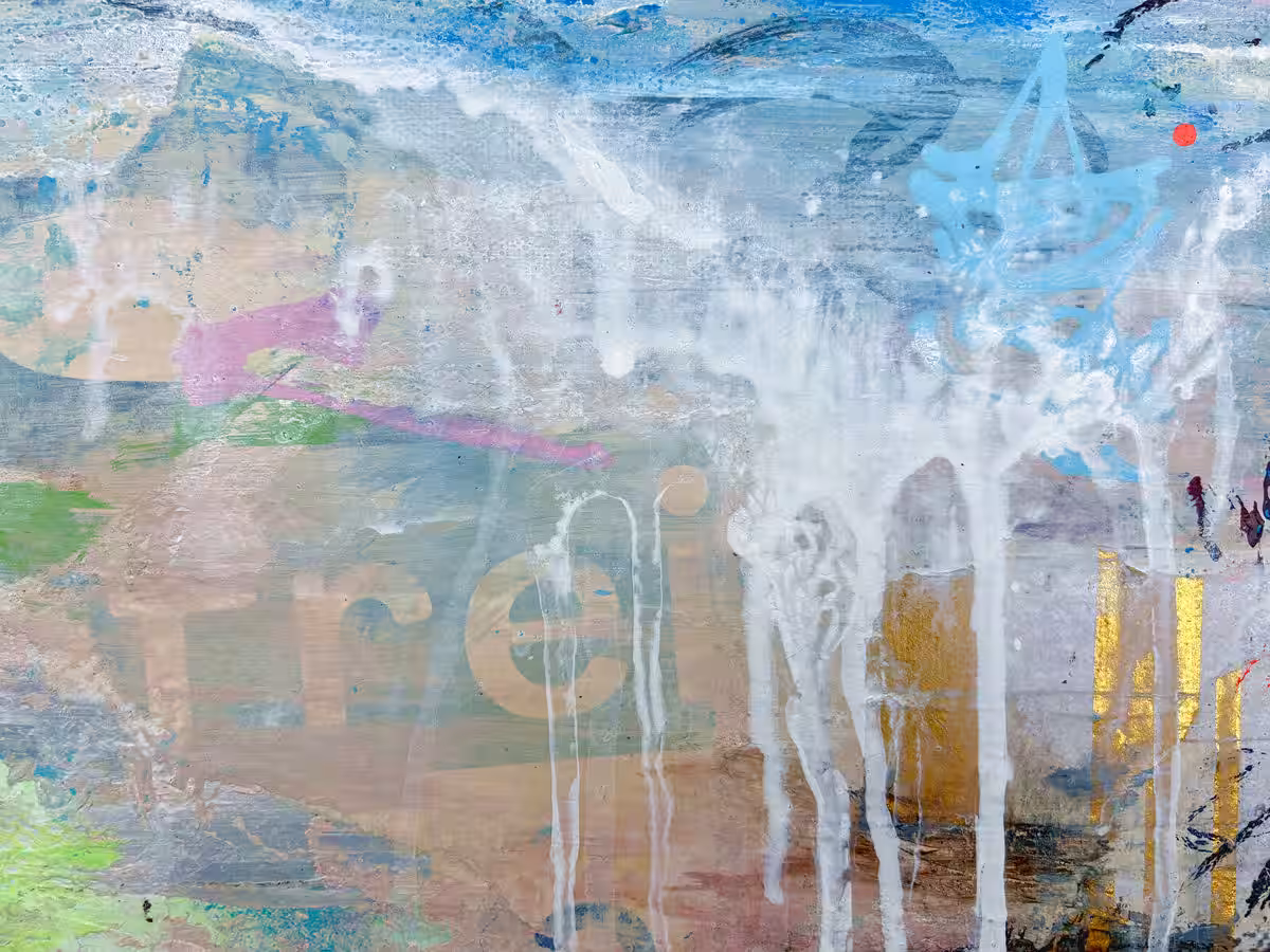 Drift & Direction – Open Ground III | Detail Collage und Zeichnung Detail von Open Ground III mit Collageelementen und handgezeichnetem Papierboot
