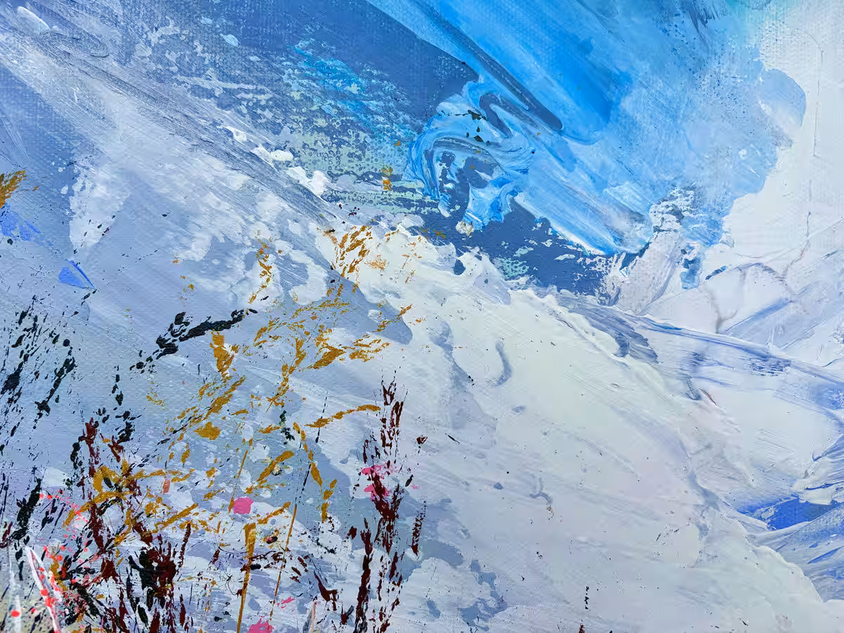 Drift & Direction – Open Ground III | Detail Himmel Detail aus dem Landschaftsbild Open Ground III mit gespachteltem Himmel und malerischen Strukturen sowie Gräsern