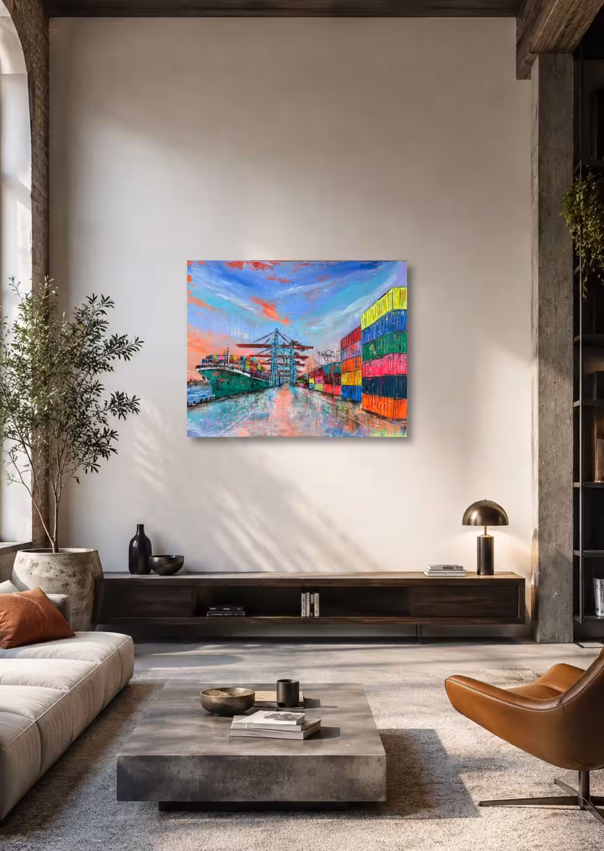 Steel & Sky – Where Routes Begin III | Kunst im Wohnraum Steel & Sky – Where Routes Begin III von Nina Groth als modernes abstraktes Hafenbild in einem hochwertigen Wohnraum visualisiert
