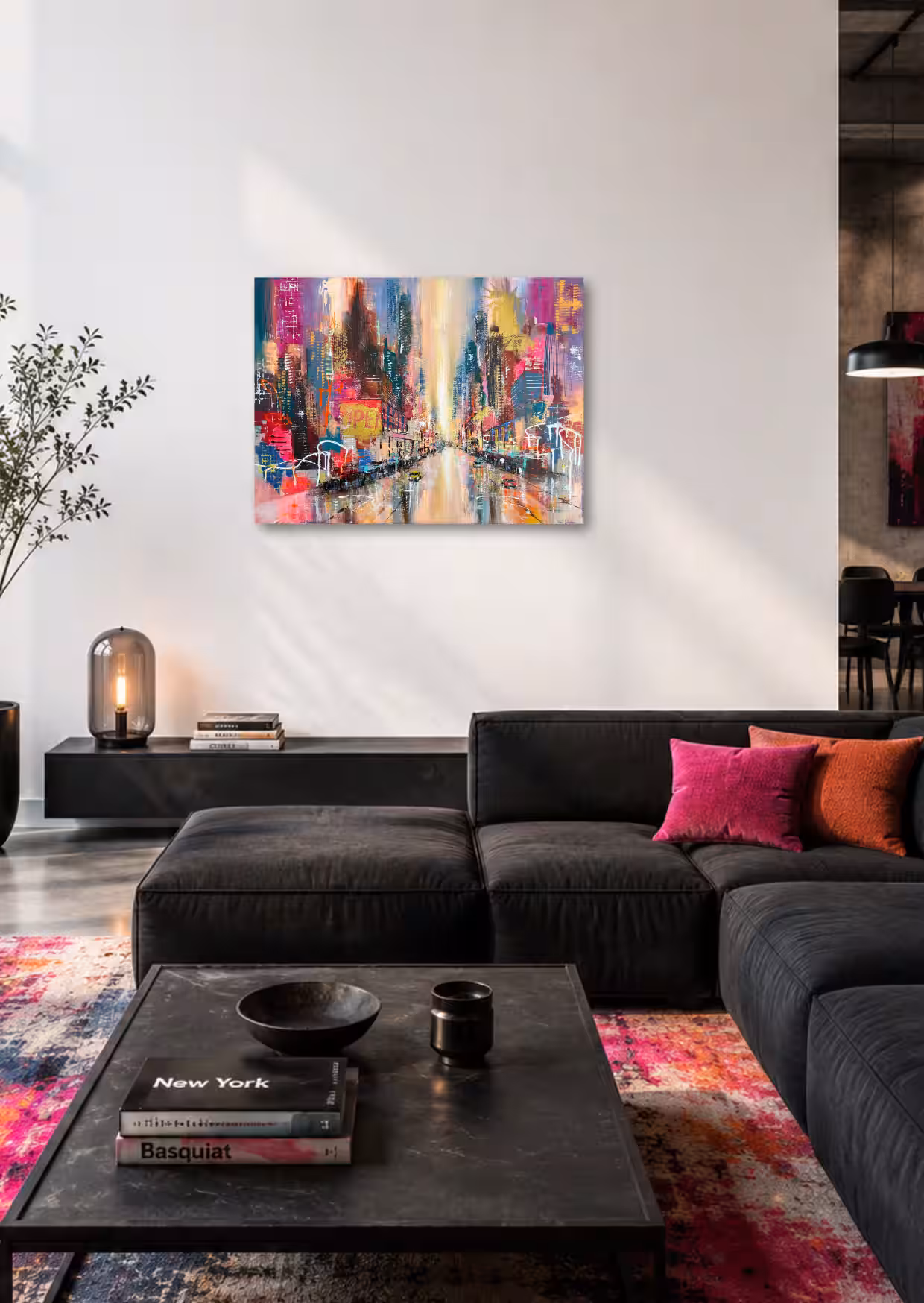 Urban Axis – Towards Tomorrow III | Kunst im Wohnzimmer Abstraktes New York Gemälde „Towards Tomorrow III“ von Nina Groth in einem modernen Wohnraum mit eleganter Einrichtung