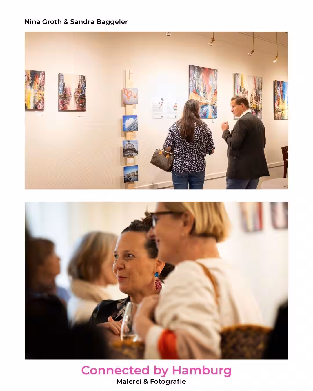 Besucherinnen und Besucher im Gespräch vor den ausgestellten Kunstwerken