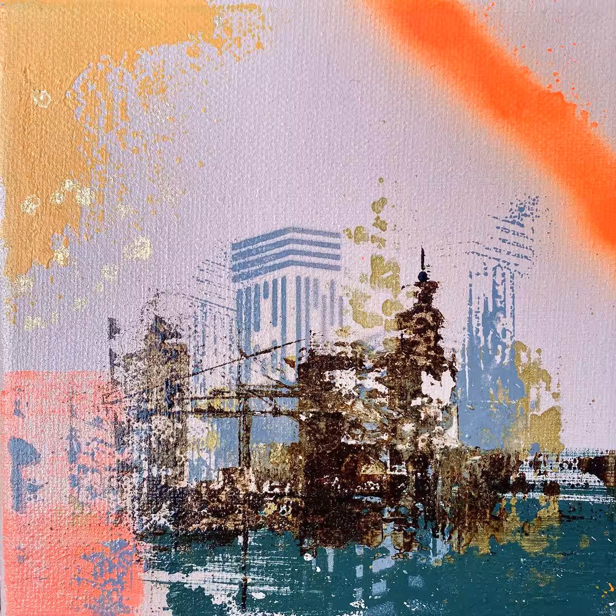 Kleines Original – urbanes Mixed-Media-Bild Kleines urbanes Original in Beige, Grün und Neonrot, Mixed Media auf Leinwand von Nina Groth.