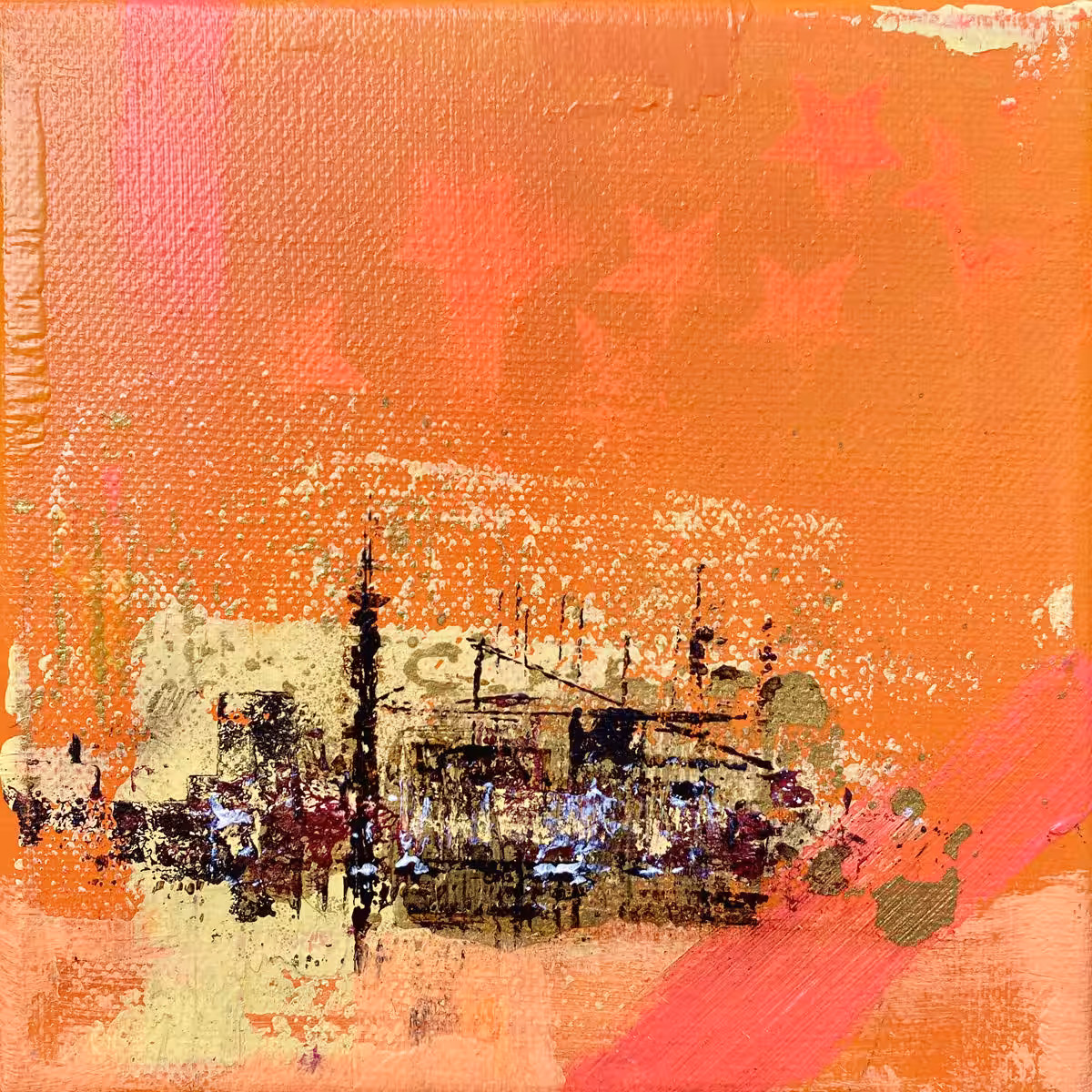 Kleines Original – Stadtbild in Orange und Gold Kleines originales Stadtbild in Orange und Gold, Mixed Media auf Leinwand von Nina Groth.