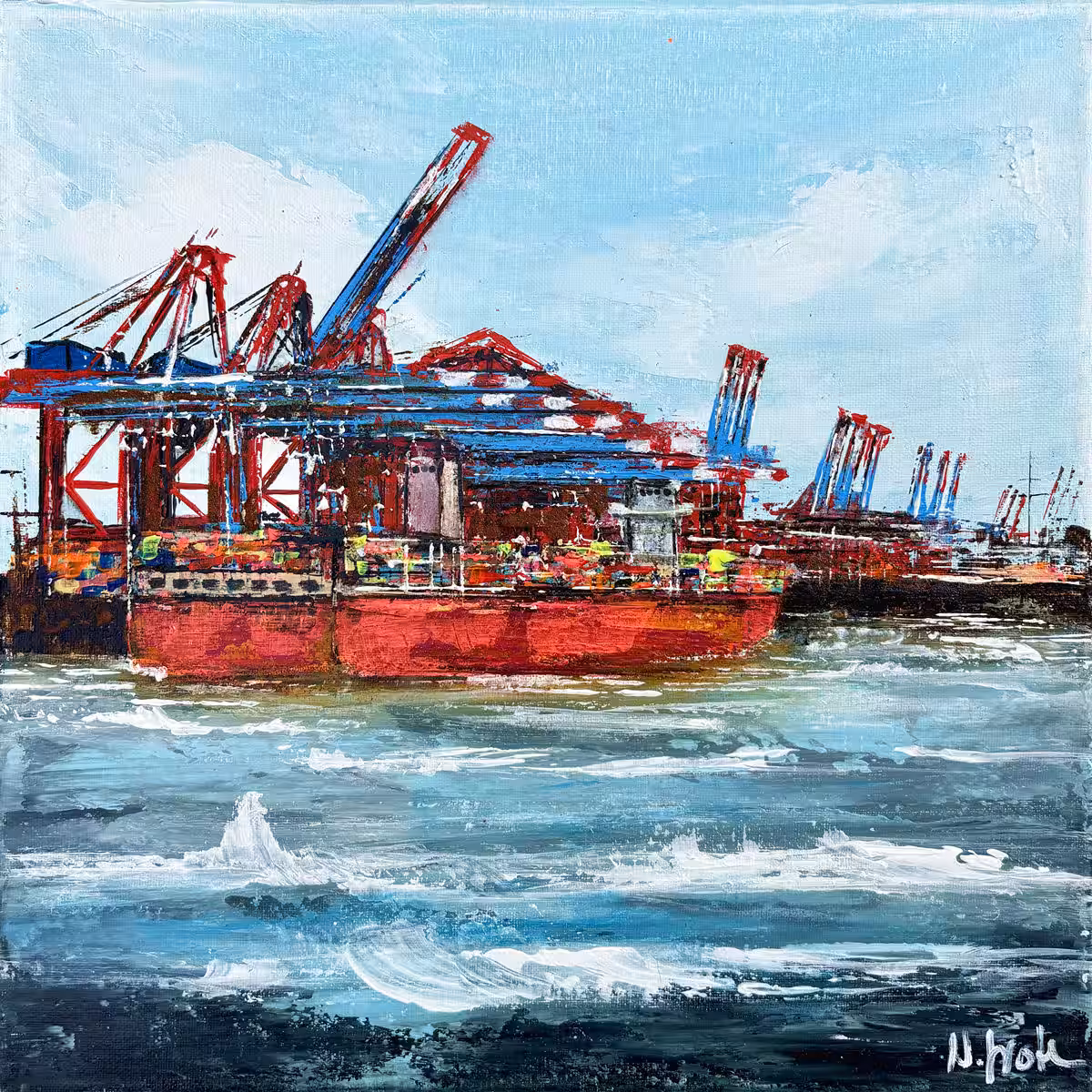 Originales Hafenbild mit Containerkränen Originales Hafenbild auf Leinwand mit Containerkränen in Rot und Blau von Nina Groth.