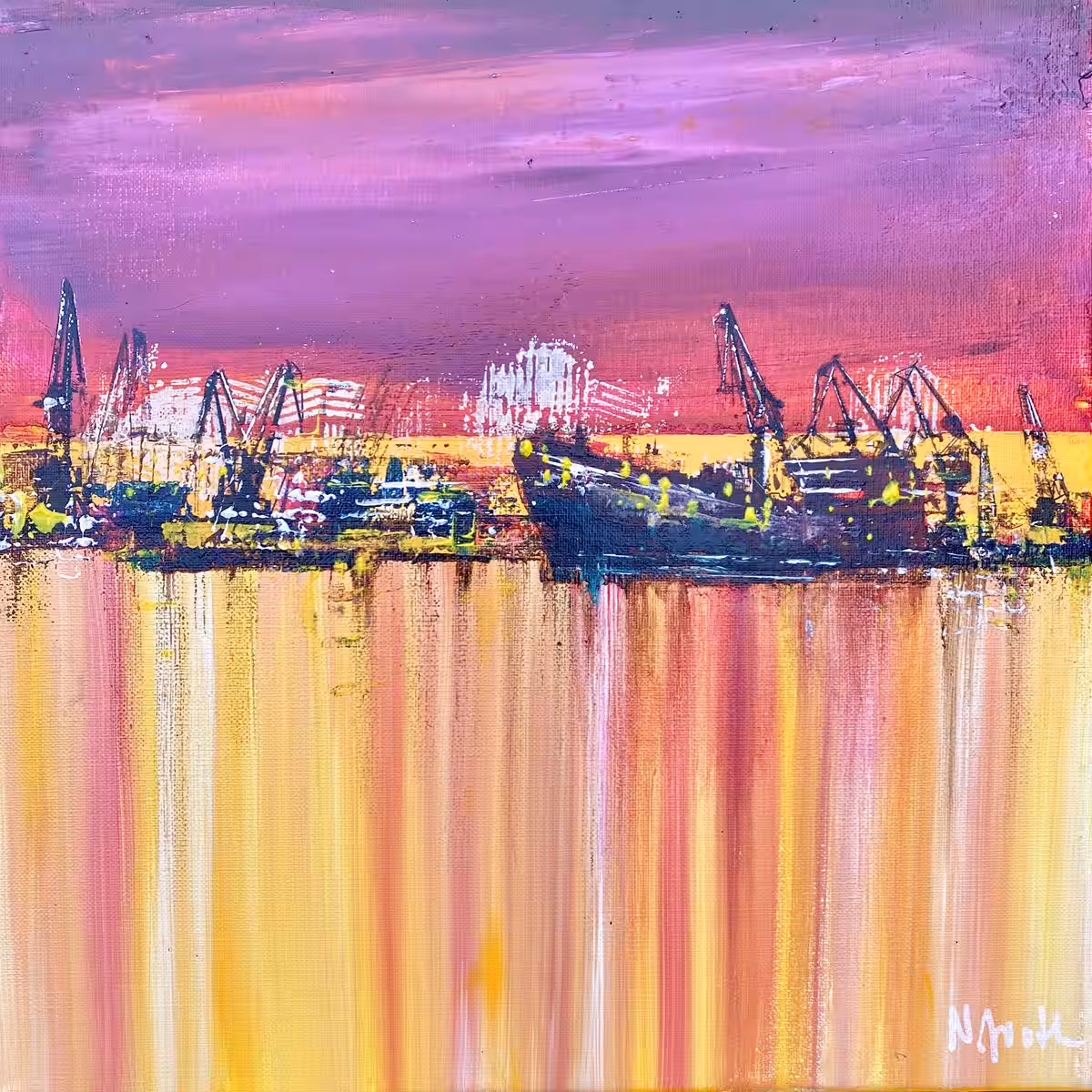 Originales Hafenbild mit farbigen Spiegelungen Originales Hafenbild auf Leinwand mit Schiff, Hafensilhouette und farbigen Spiegelungen von Nina Groth.